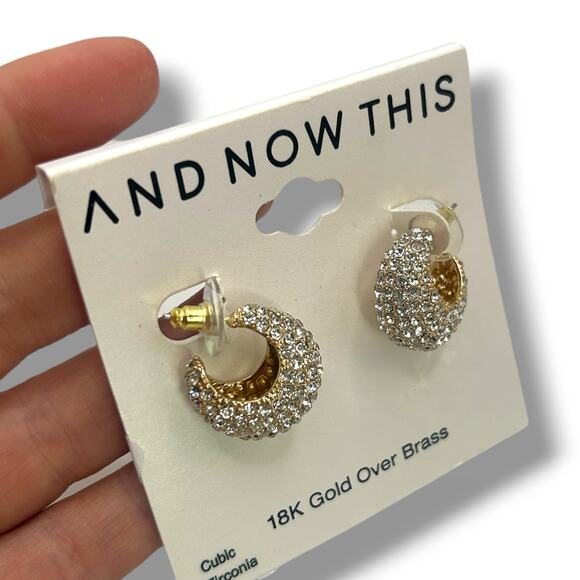 NEW And Now This 18K Gold Over Brass Small Pavé C-Hoop Earrings 0.85" - Picture 3 of 10